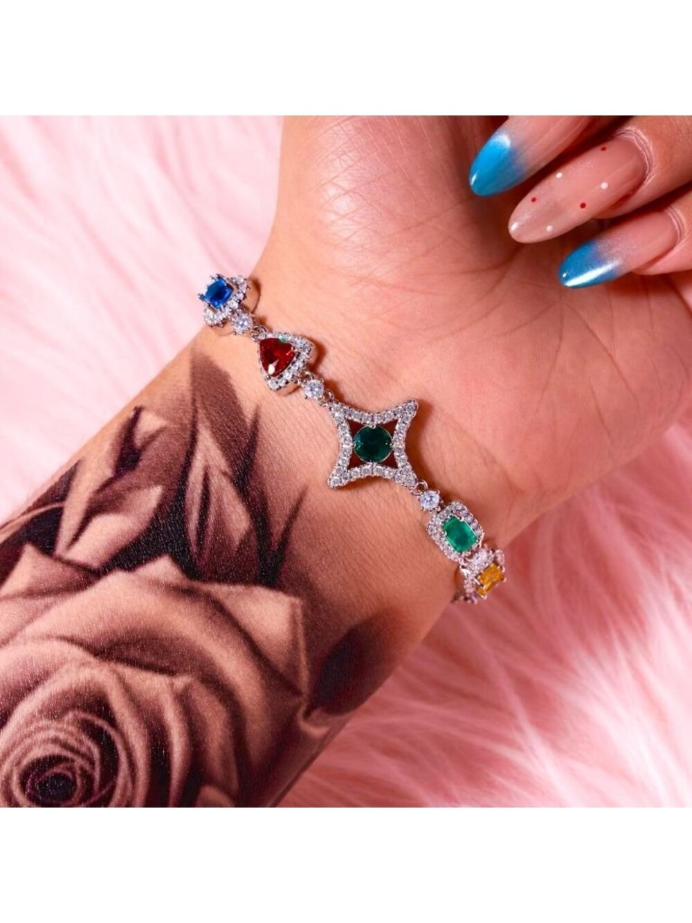 Silver Multi coloured gemstone bracelet with diamonds 7inch